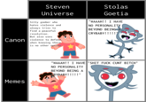 Steven Universe (canon): Silly goober who hates violence and always tries to find a peaceful resolution. But also uses violence to defend, when knowing there is no other option.
Steven Universe (memes): "WAAAH!! I HAVE NO PERSONALITY BEYOND BEING A CRYBABY!!!!!"
Stolas Goetia (canon): "WAAAH!! I HAVE NO PERSONALITY BEYOND BEING A CRYBABY!!!!!"
Stolas Goetia (memes): "S--- F--- C--- BITCH"