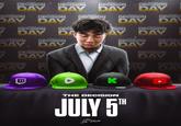 A photo of RiceGum standing over four hats, each hat representing Twitch, Rumble, Kick, and YouTube respectively. The hats sit on a table labeled, "the decision July 5th."