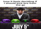 A RiceGum meme reading, "how it feels deciding if I should kick bro from the gc."