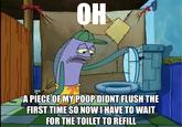 OH A PIECE OF MY POOP DIDNT FLUSH THE FIRST TIME SO NOW I HAVE TO WAIT FOR THE TOILET TO REFILL