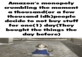 Amazon's monopoly crumbling the moment a thousand(or a few thousand idk)people decide to not buy stuff for one (1) day(They bought the things the day before)