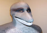 The original "Dolphin Man" photo of a man wearing a realistic dolphin mask, sourced from the website of the latex prosthetic manufacturer NorthFur FX. The image inspired the Dolphin Man "creepypasta":https://knowyourmeme.com/memes/creepypasta.