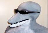 A photo of the "Dolphin Man" wearing sunglasses, sourced from the website of the latex prosthetic manufacturer NorthFur FX. The image inspired the Dolphin Man "creepypasta":https://knowyourmeme.com/memes/creepypasta.