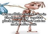 When all the clothes are in the laundry so u gotta pluck your ass hair out to make a fur suit