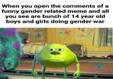 When you open the comments of a funny gender related meme and all you see are bunch of 14 year old boys and girls doing gender war