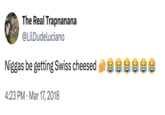 Use of the term "swiss cheese" to describe getting shot full of holes continued into the 2010s, as seen in this tweet from 2018 that read, "N----- be getting Swiss cheesed 🧀😂😂😂😂😂😂"