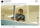 A March 2025 tweet that uses a GIF showing Karla Sofia Gascon flashing a gun in a scene from the 2024 film _Emilia Pérez_, to joke about threatening someone for not liking the film _Dune_.