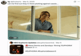 A post that uses a GIF of Karla Sofia Gascon flashing a gun in a scene from the 2024 film _Emilia Pérez_, alongside a tweet about the television show _Euphoria_ that reads, "Let me find out they in there plotting against cassie…."