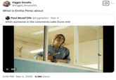 A post that uses a GIF of Karla Sofia Gascon flashing a gun in a scene from the 2024 film _Emilia Pérez_, alongside text that reads, "What is Emilia Perez about."