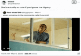 A post that uses a GIF of Karla Sofia Gascon flashing a gun in a scene from the 2024 film _Emilia Pérez_, alongside text that reads, "She's actually so cute if you ignore the bigotry."