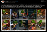 Luigi's Mansion smear frames Supper Mario Broth @MarioBrothBlog Ø In Luigi's Mansion, whenever Luigi picks up an important item, he is mistakenly coded to not turn *around* his center of gravity, but *through* it. As such, when picking up items from certain angles, there will be singular frames where Luigi can be seen phasing through himself. A ALT 50 5/50 Source: YouTube user @NEVERDOORS, youtube.com/watch?v=T22WzdDTm0Y