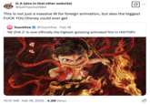 Tweet about _Ne Zha 2_, the sequel to a 2019 Chinese animated feature film that was released in 2025. _Ne Zha 2_ dethroned _Inside Out 2_ as the highest-grossing animated film in 2025, prompting @GATheOne1984 to tweet, "This is not just a massive W for foreign animation, but also the biggest F--- YOU Disney could ever get."
