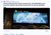 r/movies 17 days ago whitemilkythighs Top 1% Poster Chinese film Ne Zha 2 beats Inside Out 2 ($1.699 Billion) and becomes highest-grossing animated film of all time globally News reuters.com 4. 大年初一风火开年 9.7K 1.3K Share 她桌不留 Open