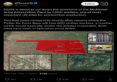 (((Tendar))) @Tendar Follow DOGE is about to cut down the workforce of the McAlester Army Ammunition Plant by 1,000 workers, one of most important US sites for ammunition production. This bad news comes only shortly after reports where the Tinker Air Force Base will lose 600 civilian workers, a number which would basically render the airbase inoperable. Both sites have been in operation since WW2. United States Dodge C KANSAS OKLAHOMA Oklahoma City Norman CHICKASAW NATION Fort Worth Waco age Landsat / Copernicus 1:56 PM · Mar 7, 2025 273K Views 401 1.4K CHEROKEE NATION Tulsa CHOCTAW NATION th 5.2K ☐ 349 ↑