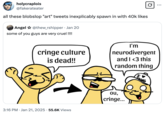 Tweet mocking "blobslop" art. The term "blobslop" came about in 2024 to describe viral internet artworks often created to represent tropes and clichés in popular media. The format typically portrays amorphous humanoid beings in a "webcomic":https://knowyourmeme.com/memes/cultures/webcomics format, often acting as a template for "exploitable":https://knowyourmeme.com/memes/exploitables "redraw":https://knowyourmeme.com/memes/redraw memes. 