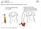 Tweet mocking "blobslop" art. The term "blobslop" came about in 2024 to describe viral internet artworks often created to represent tropes and clichés in popular media. The format typically portrays amorphous humanoid beings in a "webcomic":https://knowyourmeme.com/memes/cultures/webcomics format, often acting as a template for "exploitable":https://knowyourmeme.com/memes/exploitables "redraw":https://knowyourmeme.com/memes/redraw memes. 