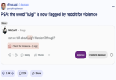 A post made by /u/PumpkinSpiceCum to /r/FreeLuigi, noting that the word "Luigi" was flagged for violence on the subreddit they moderate, /r/popculture. 