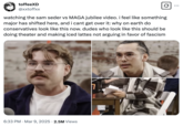 Several internet users reacted to the Sam Seder Jubilee video by expressing their confusion about why California conservatives look alternative or hipster. This tweet reads, "why on earth do conservatives look like this now. dudes who look like this should be doing theater and making iced lattes not arguing in favor of fascism."