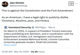 A "tweet":https://knowyourmeme.com/memes/sites/twitter-x from former UFC fighter Jake Shields, saying that it's against the Constitution to arrest Mahmoud Khalil because Shields himself is racist against "Christians, Muslims, Jews, and Hindus."