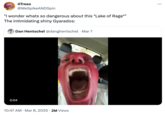 Tweet quoting a video of comedian Dan Hentschel screaming with his face painted red to joke about the Lake of Rage in _Pokémon_. 