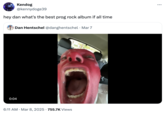 Tweet quoting a video of comedian Dan Hentschel screaming with his face painted red to joke about the 2004 King Crimson album, "_The Court of the Crimson King_":https://knowyourmeme.com/memes/subcultures/in-the-court-of-the-crimson-king album cover. 