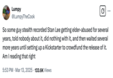 Tweet about  _Stan Lee: The Final Chapter_, an upcoming documentary directed by Jon Bolerjack, a man claiming to be Stan Lee's assistant in his last days. This post criticizes Bolerjack for standing by while Stan Lee was being exploited and making a film only after the statute of limitations on reporting the harm had passed.