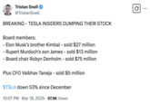 Tweet about Tesla investors selling off their stock in March 2025. "Tesla's":https://knowyourmeme.com/memes/subcultures/tesla stock dipped significantly in March 2025 due to concerns over slowing sales, increased competition, and CEO "Elon Musk's":https://knowyourmeme.com/memes/people/elon-musk political involvement. The company saw a 50% decrease over three months in 2024 and 2025, resulting in a market value loss exceeding $700 billion. 