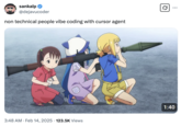 Tweet showing three young anime girls holding a missile launcher alongside text that reads, "non technical people vibe coding with cursor agent." In February 2025, OpenAI co-founder Andrej Karpathy coined the phrase "vibe coding." Vibe coding describes an AI-reliant style of coding where programmers use AI tools like Cursor to generate, test, and refine software.