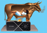 A meme of an RTX 3090 graphics card being used to light a brazen bull. The joke is that the graphics card gets really hot.