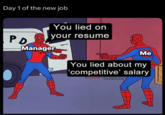 Day 1 of the new job You lied on PD your resume Manager Me You lied about my 'competitive' salary @paddyjobsman