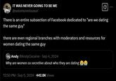"are we dating the same guy" tweet IT WAS NEVER GOING TO BE ME @solomonmissouri 0 There is an entire subsection of Facebook dedicated to "are we dating the same guy" there are even regional branches with moderators and resources for women dating the same guy Andy @AndyCocaine Sep 4, 2024 Why are women so secretive about who they are dating • 12:50 PM - Sep 5, 2024 442.8K Views