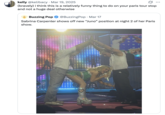 Post about Sabrina Carpenter's Paris night two "Juno Pose," where she simulated the "Eiffel Tower" sex position by bending over between two backup dancers. X user @kelibacy wrote, "i think this is a relatively funny thing to do on your paris tour stop and not a huge deal otherwise."