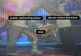 Meme based on _Supernatural_ and Sabrina Carpenter's Paris night two "Juno Pose," where she simulated the "Eiffel Tower" sex position by bending over between two backup dancers.