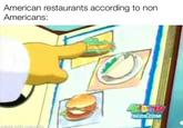 A meme reading, "American restaurants according to non Americans:" The meme uses a scene from "Kirby: Right Back At Ya!"