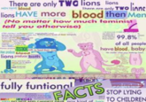 There are only TWO lions lions MEN HAVE blood There are only TWO linns lions HAVE more blood then Men (No matter how much feminist tell you otherwise) lions produce both 99.8% of all people have blood, baby. THIS fully funtional FACTS DO HOT ARE amy hind STOP LYING TO CHILDREN