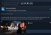 485 people found this review helpful 49 people found this review funny 2 y 26 Recommended 0.1 hrs last two weeks / 0.1 hrs on record Posted: 20 Mar @ 1:32pm Something tells me this game will not provoke a scandal in the Japanese Government. I will take it as proof that this game is more historically accurate than others. 10/10 Yasuke Simulator y Award