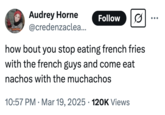 A "tweet":https://knowyourmeme.com/memes/sites/twitter-x that uses the "Come Eat Lobster With a Monster" "phrasal template":https://knowyourmeme.com/memes/snowclone, reading, "How 'bout you stop eating french fries with the french guys and come eat nachos with the muchachos."
