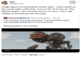 A "tweet":https://knowyourmeme.com/memes/sites/twitter-x from a user who doesn't expect to enjoy the "Netflix":https://knowyourmeme.com/memes/sites/netflix film _The Electric State_ starring Millie Bobby Brown and "Chris Pratt":https://knowyourmeme.com/memes/people/chris-pratt.