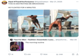 Several internet users reacted to what they viewed to be an absurd morning routine, with X user @redvivisection sharing two images of Ashton Hall jumping in a pool with timestamps indicating that he swam for four minutes. 