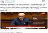 A user reports on French MP Claude Malhuret calling Elon Musk "un bouffon sous ketamine" / "a jester on ketamine".