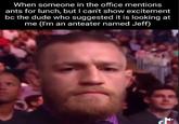 A meme about an employee named Jeff who doesn't want people to know he's an anteater. The meme is about the anteater staring after being suspected of being an anteater.