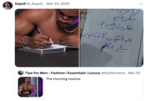 Tweet inspired by fitness influencer "Ashton Hall's":https://knowyourmeme.com/memes/people/ashton-hall "morning routine":https://knowyourmeme.com/memes/ashton-halls-morning-routine, joking about a section where he writes in a notebook for a few minutes.