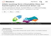 Reuters My News a = DNA testing firm 23andMe files for bankruptcy as demand dries up By Anushadevan Shah, Surbhi Misra and Bhanvi Satija March 24, 2025 3:39 PM GMT+1 Updated 5 min ago ធ Aa V : That's after struggling with the fallout of a data breach and weak demand for its ancestry testing kits. Summary Companies Co-founder and CEO Wojcicki quits after multiple failed buyout bids • Wojcicki plans to make another bid for company • Company gets financing commitment of up to $35 million