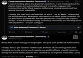 A tweet posted by U.S. Rep. Jasmine Crockett. In the tweet, she responds to the backlash over calling Texas Governor Greg Abbott "Hot Wheels," which many interpreted as a dig at Abbott's wheelchair and disability.