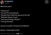 R. Saoirse @razzli MAGA for years: "Sleepy Joe" "Joe and the Hoe gotta go" "Kamala Harris slept her way up to the top" "Michelle Obama is man" "F--- your feelings, libtards" "Let's go Brandon" Jasmine Crockett: "Governor Hot Wheels” MAGA: "HOW DARE YOU!!!" 12:39 PM - Mar 25, 2025 -3.5M Views 0