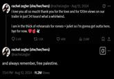 Rachel Zegler's tweeting about the Snow White trailer release and the "Free Palestine":https://knowyourmeme.com/memes/free-palestine mention.