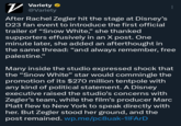 V Variety @Variety After Rachel Zegler hit the stage at Disney's D23 fan event to introduce the first official trailer of "Snow White," she thanked supporters effusively in an X post. One minute later, she added an afterthought in the same thread: “and always remember, free palestine." Many inside the studio expressed shock that the "Snow White" star would commingle the promotion of its $270 million tentpole with any kind of political statement. A Disney executive raised the studio's concerns with Zegler's team, while the film's producer Marc Platt flew to New York to speak directly with her. But Zegler stood her ground, and the post remained. wp.me/pc8uak-1|FARD