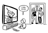 A comic depicting a child watching Disney's animated film Robin Hood and saying, "I feel weird," as his parents, wearing furry-related shirts, high-five in the background, suggesting he has a sexual attraction to the anthropomorphic fox Robin Hood and that his furry parents are happy their son might also be a furry.