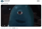 An early use of a GIF featuring B.O.B. from the animated film _Monsters vs. Aliens_. The GIF shows the blue blob-shaped creature staring blankly to and from the camera.