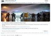 Several internet users shared an AI-generated photo depicting a person in a Pikachu costume running from riot police, including @Jake_Hanrahan. While reports of a costumed man at the protests are true, the specific image shared by @Jake_Hanrahan was proven to be AI generated. 
